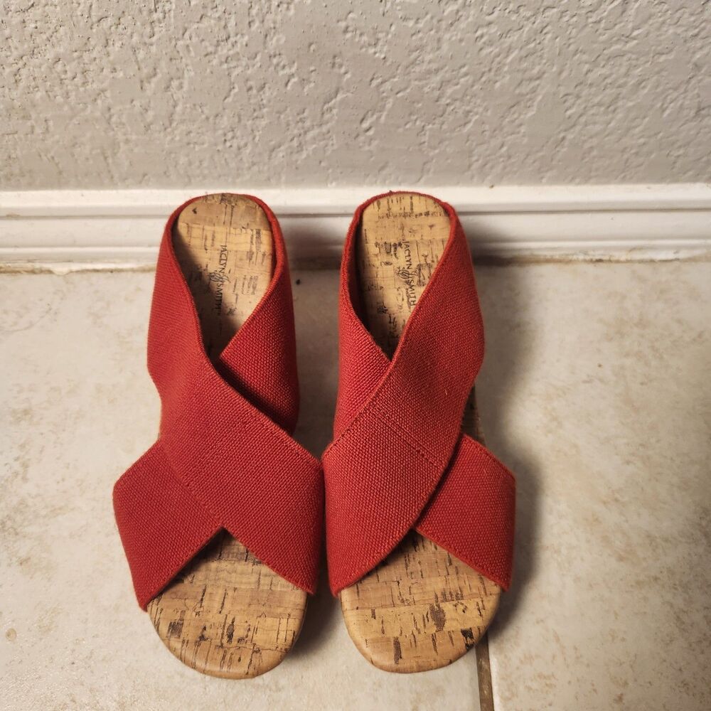 Jaclyn Smith Red Canvas Cork Wedge Sandals Womens Slide Shoes Casual Boho